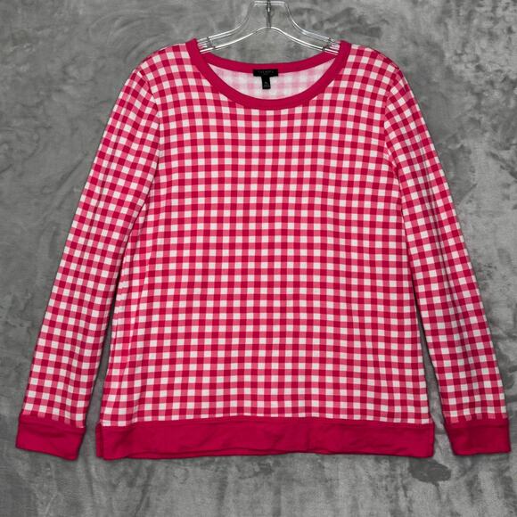 Talbots Petite Sweater Womens Petite Medium Pink Gingham Fleece Pullover Crew - Picture 1 of 8